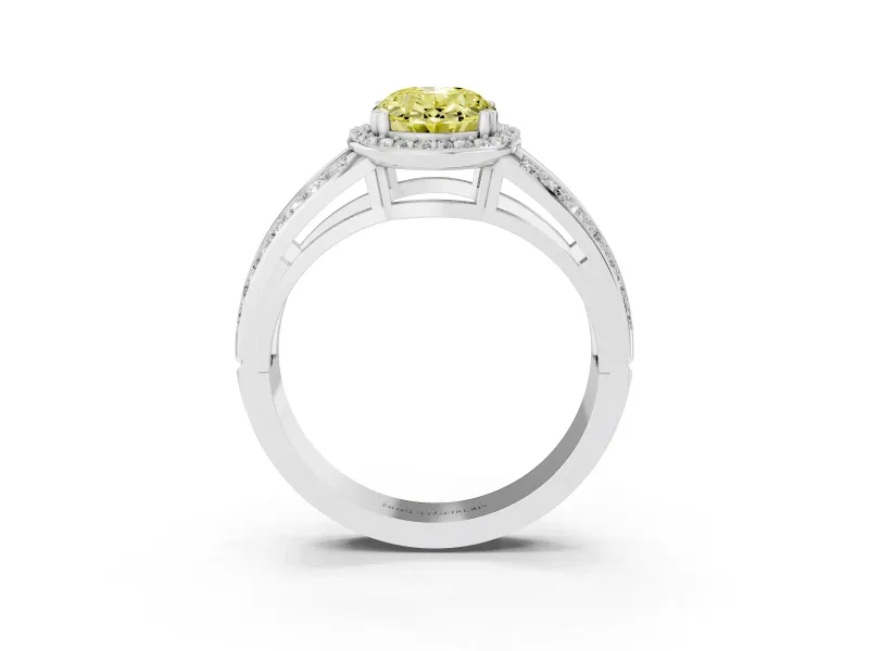 Fancy Yellow Oval Cut Diamond Halo Ring Set in Platinum with Double Pavé Split Shank