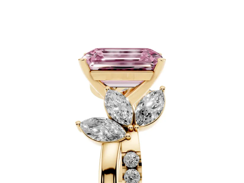 Fancy Pink Emerald Cut Diamond Floral Vine Solitaire Engagement Ring Set in Yellow gold with Marquise Leaves