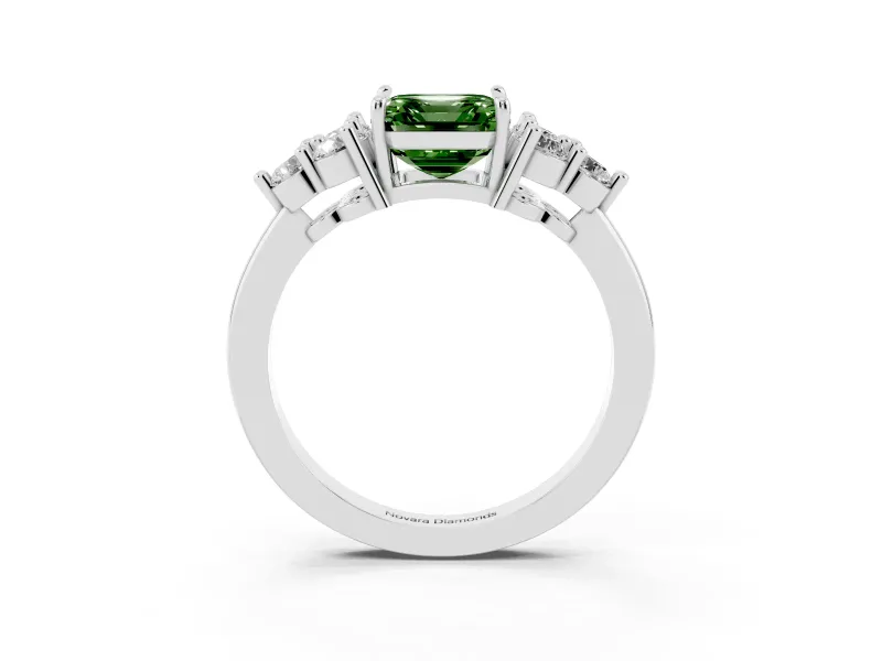 Fancy Green Asscher Cut Diamond Solitaire Ring Set in Silver with Cluster Accents on Each Side