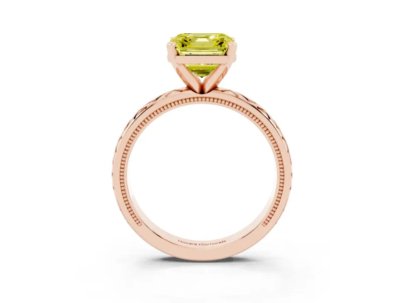 Fancy Yellow Asscher Cut Diamond Solitaire Ring Set in Rose gold with Milgrain and Black Enamel X Pattern Band