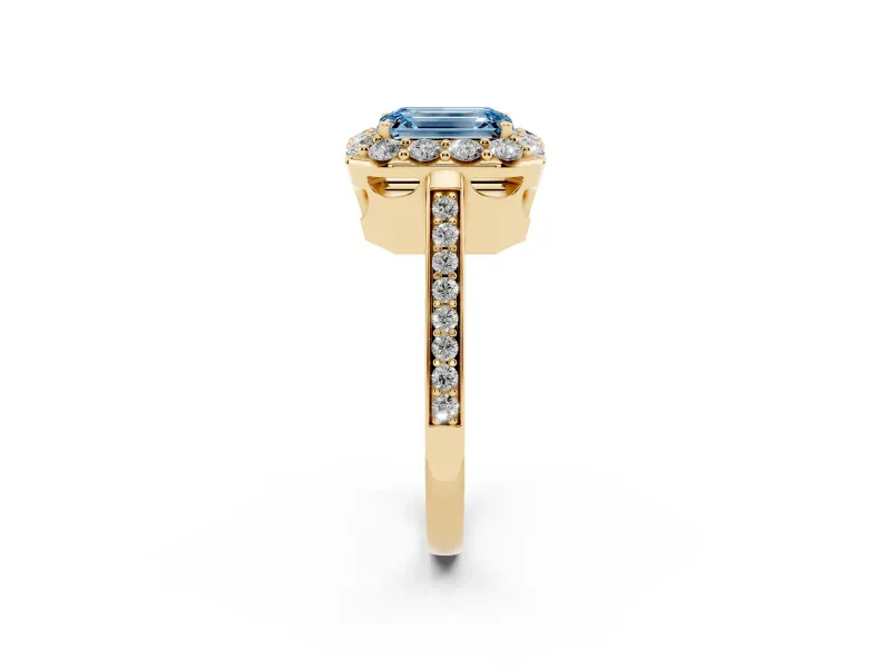 Emerald Cut Floral Halo Engagement Ring Setting for a Fancy Blue Lab-Grown Diamond | Large Round Accents | Yellow Gold