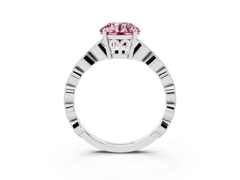 Fancy Pink Round Cut Diamond Solitaire Ring Set in White gold with Infinity Twist Pavé Band