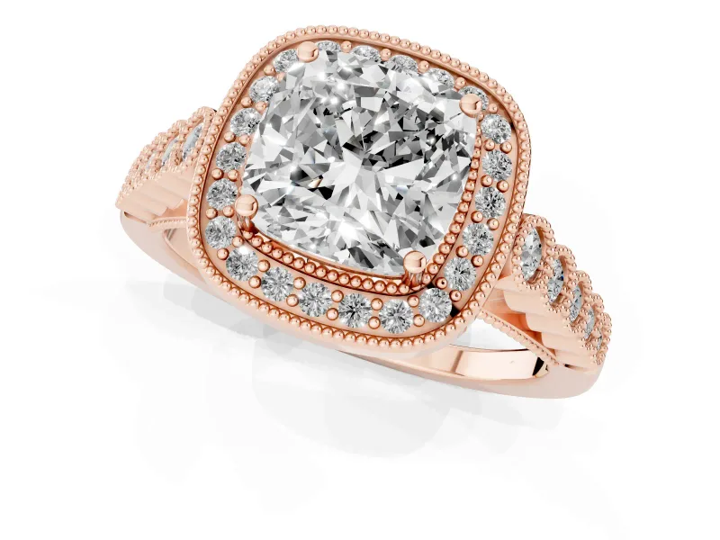 Cushion Cut Milgrain Halo Engagement Ring Setting | Graduated Bezel Accents | Rose Gold