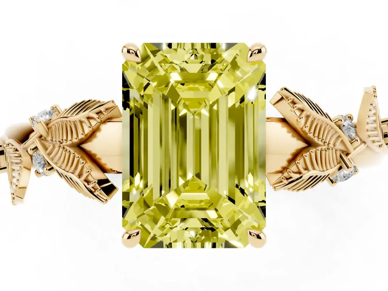 Emerald Cut Leaf Engagement Ring Setting for a Fancy Yellow Lab-Grown Diamond | Yellow Gold