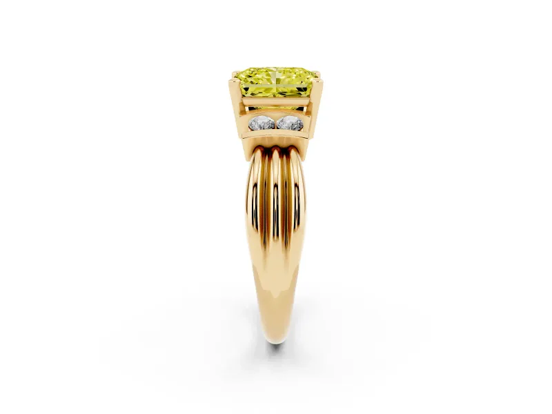 Fancy Yellow Three-Stone Radiant Cut Diamond Channel Set Ring Set in Yellow gold with Bar Prongs