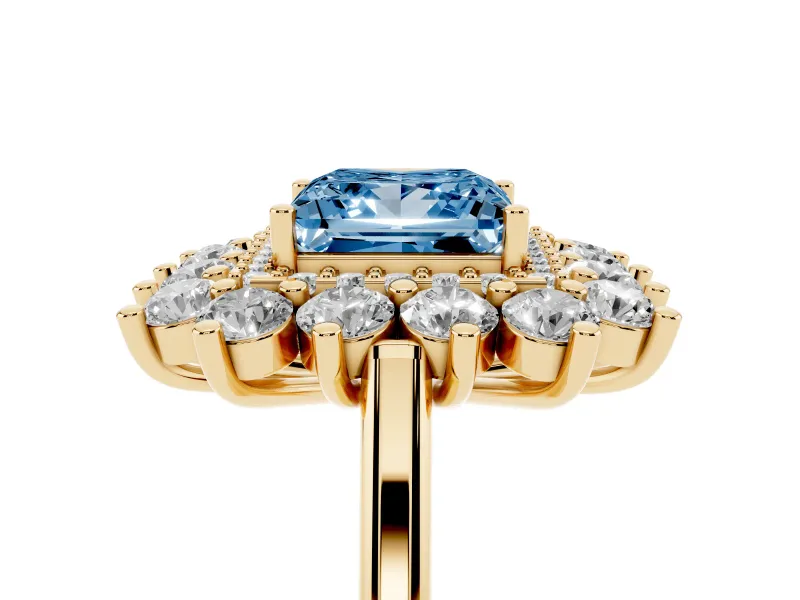 Princess Cut Floral Double Halo Engagement Ring Setting for a Fancy Blue Lab-Grown Diamond | Plain Band | Yellow Gold