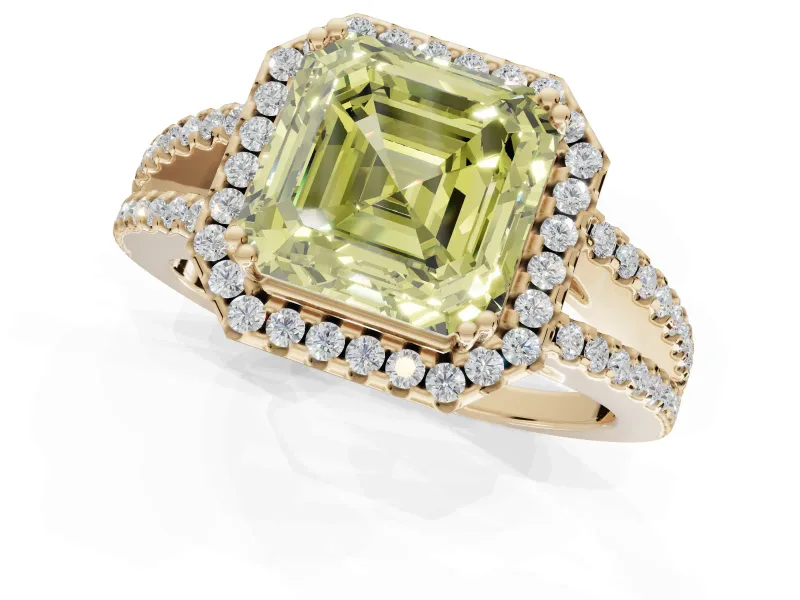 Asscher Cut Halo Split Shank Engagement Ring Setting for a Fancy Yellow Lab-Grown Diamond | Pavé Shoulders | Yellow Gold