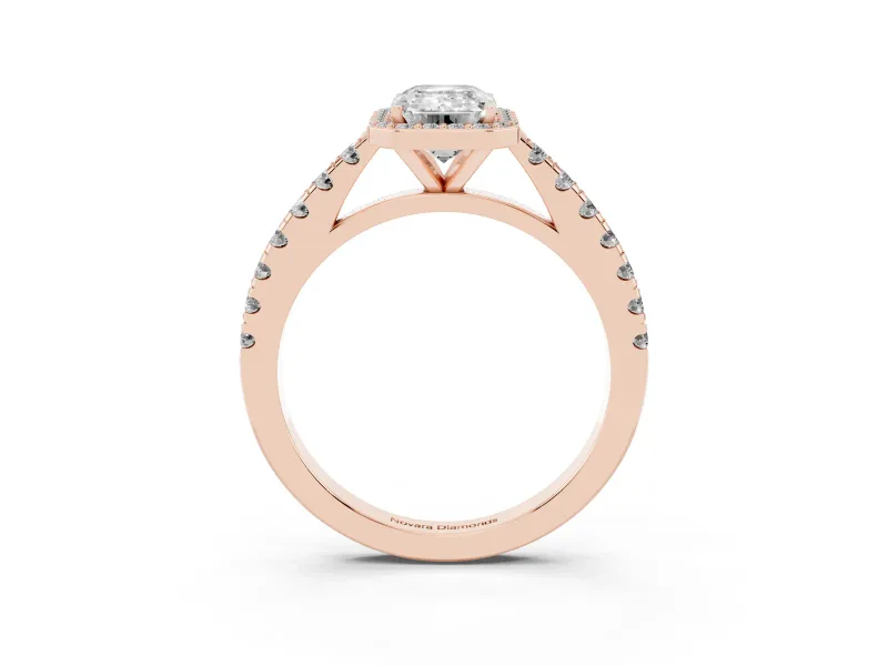Emerald Cut Diamond Halo Engagement Ring Set in Rose gold with Pavé Band and Prong Setting