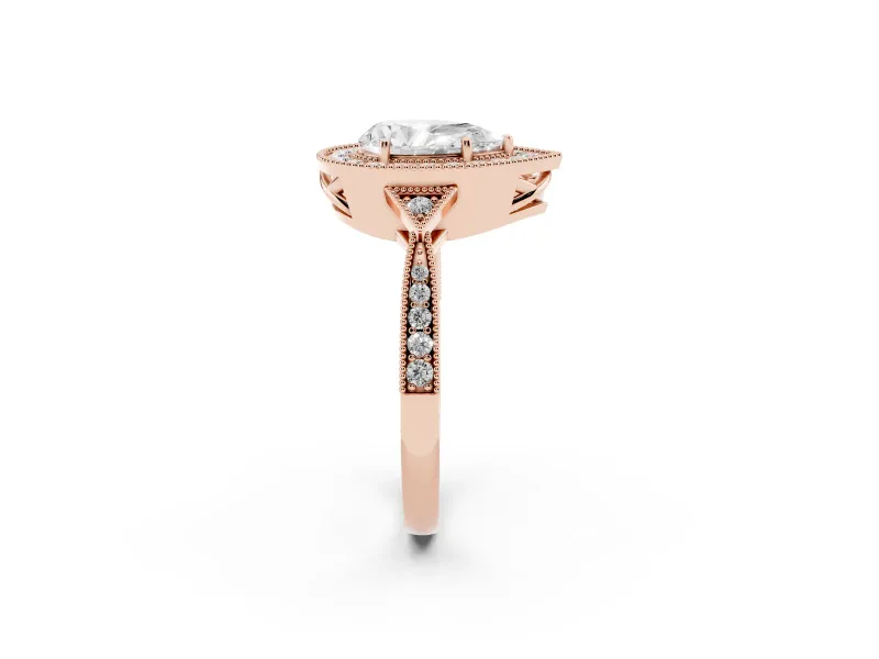 Pear Cut Diamond Halo Engagement Ring Set in Rose gold with Milgrain Pavé Band