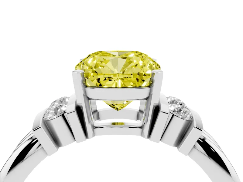 Fancy Yellow Three-Stone Cushion Cut Diamond Channel Set Ring Set in Platinum with Bar Prongs