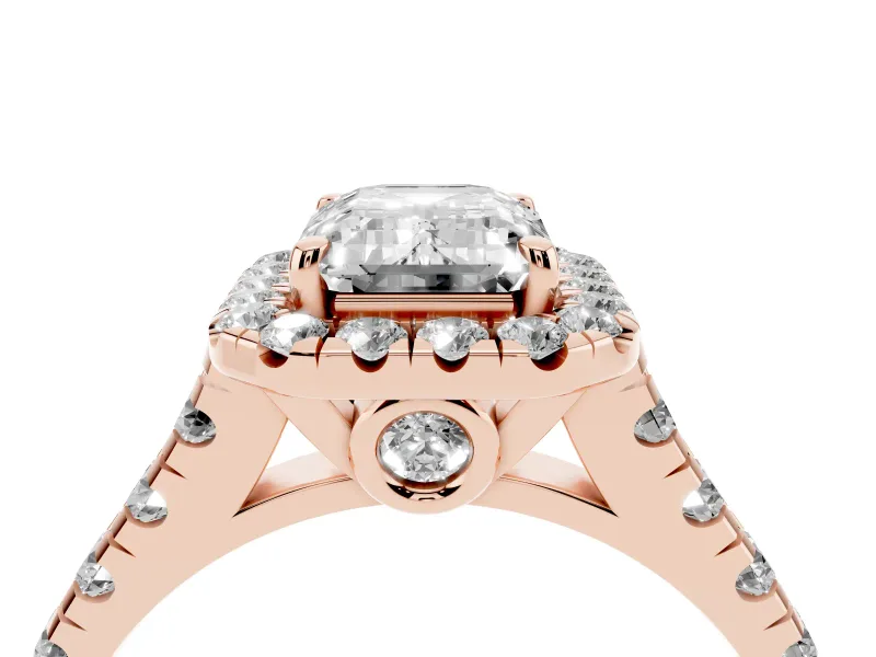 Emerald Cut Halo Engagement Ring Setting | Shared Prong Shoulders | Rose Gold