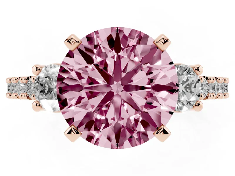 Fancy Pink Three-Stone Round Cut Diamond Pavé Band Ring Set in Rose gold with Prong Setting