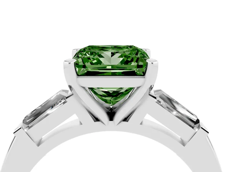 Fancy Green Princess Cut Diamond Solitaire Ring Set in Silver with Tapered Baguette Side Stones and Prong Setting