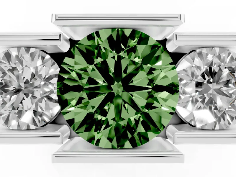Fancy Green Round Cut Diamond Three-Stone Channel Set Ring Set in Platinum with Smooth Polished Band