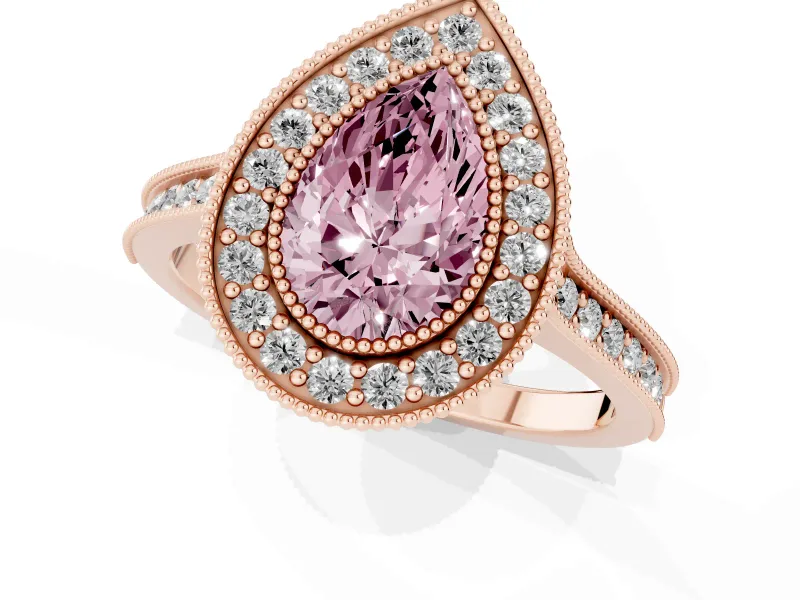 Pear-Shaped Vintage Milgrain Halo Engagement Ring Setting for a Fancy Pink Lab-Grown Diamond | Bezel Head | Rose Gold
