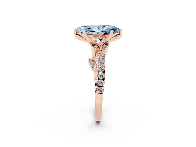 Fancy Blue Marquise Cut Diamond Solitaire Leaf-Inspired Ring Set in Rose gold with Pavé Band and Prong Setting