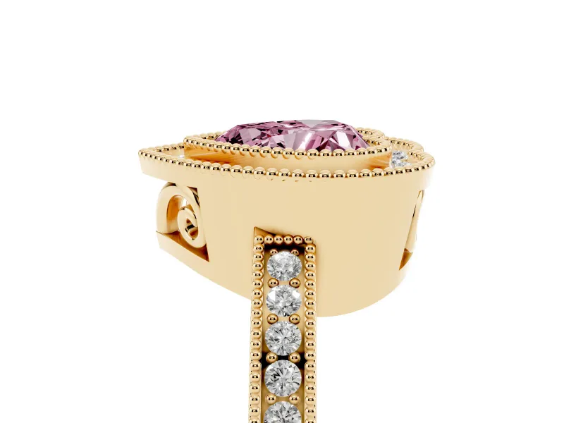 Fancy Pink Heart Cut Diamond Halo Ring Set in Yellow gold with Pavé Band and Milgrain-Edged Prongs