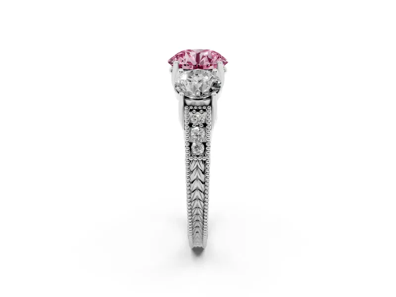 Round Vintage Three Stone Engagement Ring Setting for a Fancy Pink Lab-Grown Diamond | Sterling Silver