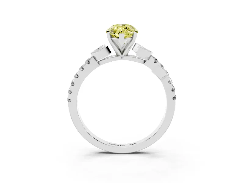 Fancy Yellow Marquise Cut Diamond Solitaire Leaf-Inspired Ring Set in White gold with Pavé Band and Prong Setting