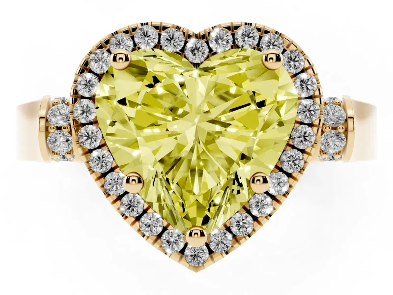 Heart-Shaped Halo Engagement Ring Setting for a Fancy Yellow Lab-Grown Diamond | Pointed Pave Shoulders | Yellow Gold