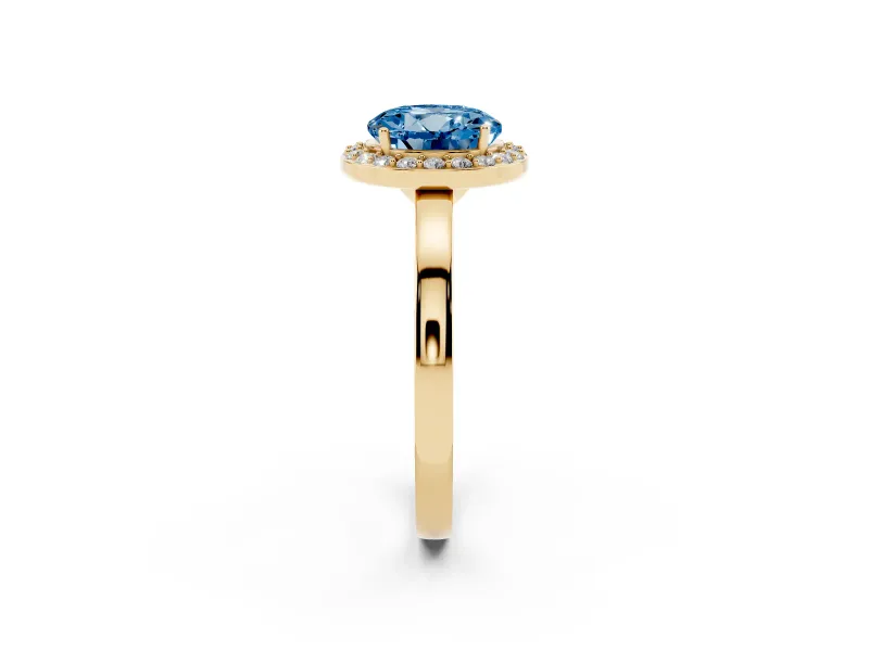 Round Thin Halo Low Profile Engagement Ring Setting for a Fancy Blue Lab-Grown Diamond | Slim Plain Band | Yellow Gold