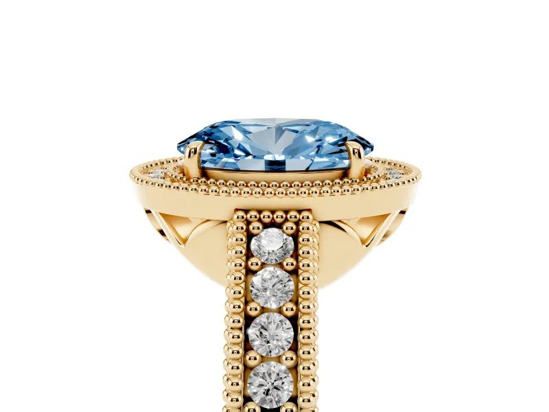 Fancy Blue Oval Cut Diamond Halo Ring Set in Yellow gold with Round Accent Halo, Pavé Band and Prong Setting