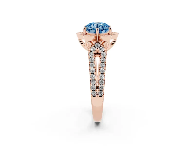Round Petal Frame Floral Halo Engagement Ring Setting for a Fancy Blue Lab-Grown Diamond | Pavé Split Shank | Rose Gold