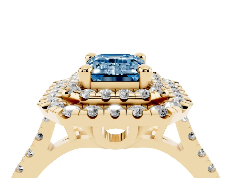 Fancy Blue Emerald Cut Diamond Double Halo Statement Ring Set in Yellow gold with Pavé Band