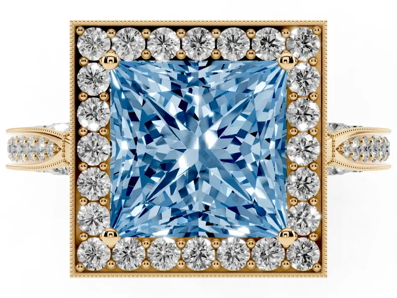 Princess Cut Milgrain Halo Engagement Ring Setting for a Fancy Blue Lab-Grown Diamond | Side Stones | Yellow Gold