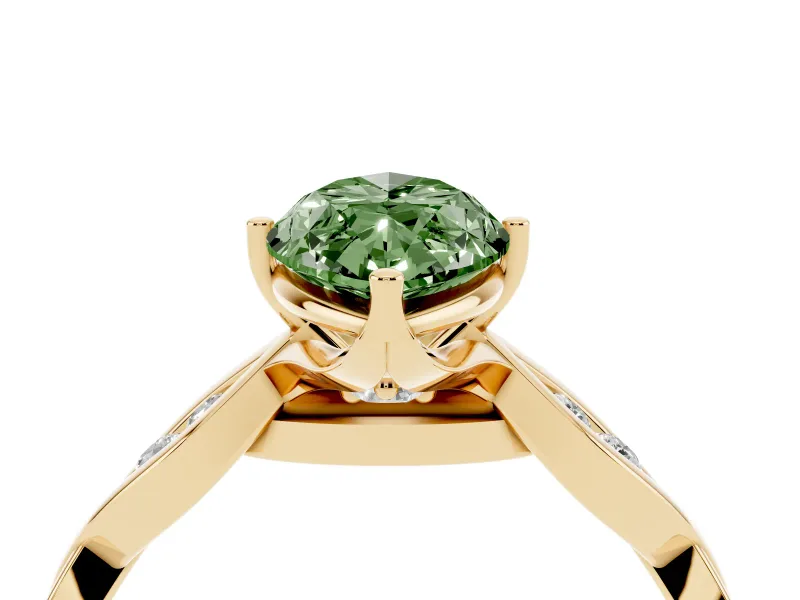 Fancy Green Marquise Cut Diamond Twist Band Solitaire Ring Set in Yellow gold with Leaf Prong Setting and Accent Stones