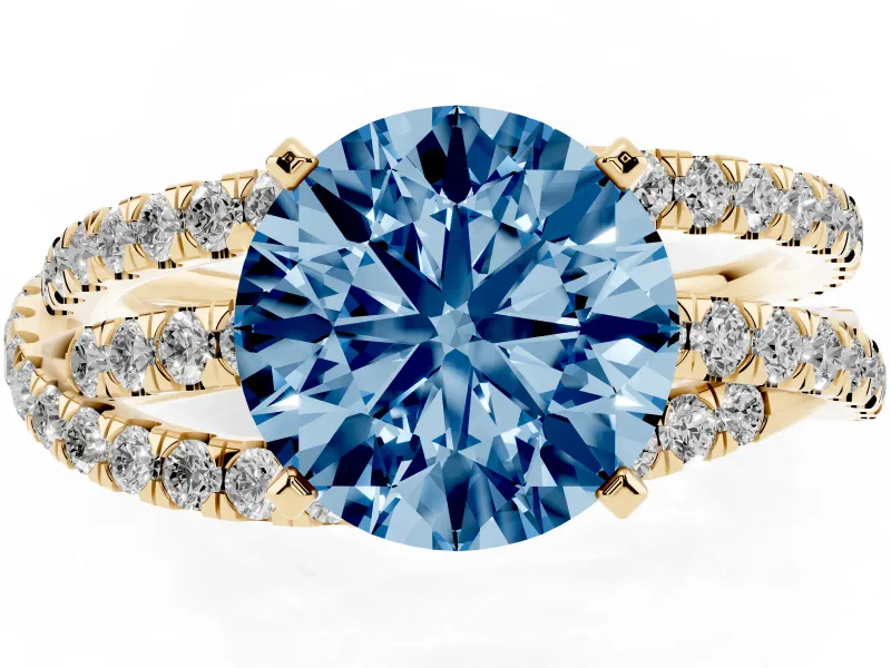 Fancy Blue Round Cut Diamond Solitaire Twist Band Ring Set in Yellow gold with Pavé Setting and Prong Head