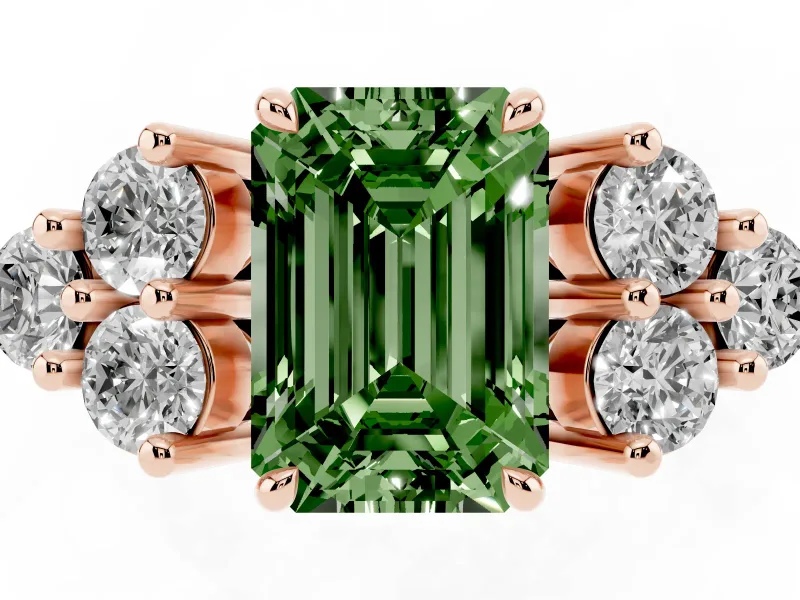 Fancy Green Emerald Cut Diamond Solitaire Ring Set in Rose gold with Cluster Accents on Each Side
