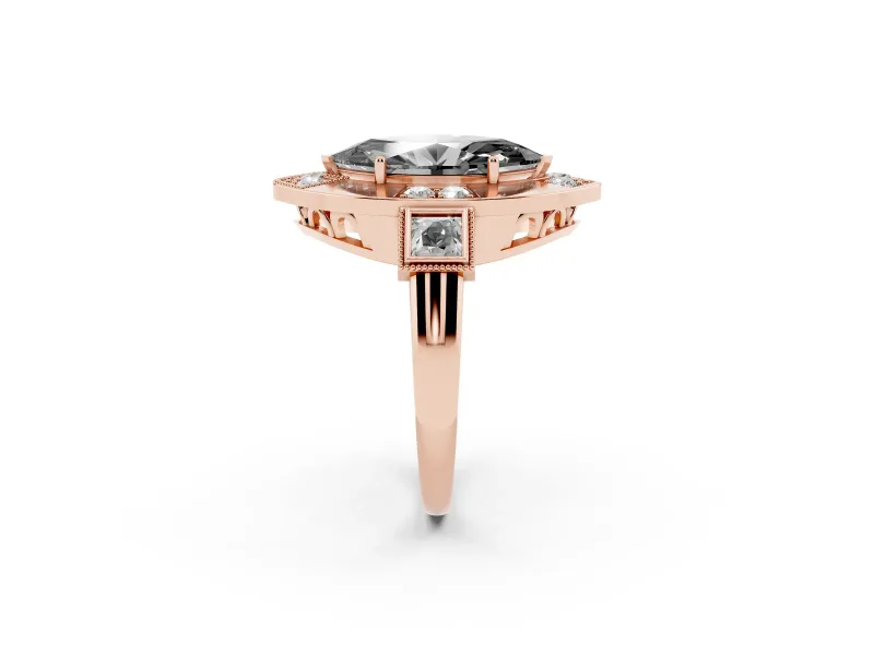 Fancy Black Marquise Cut Diamond Milgrain Halo Ring Set in Rose gold with Split Shank