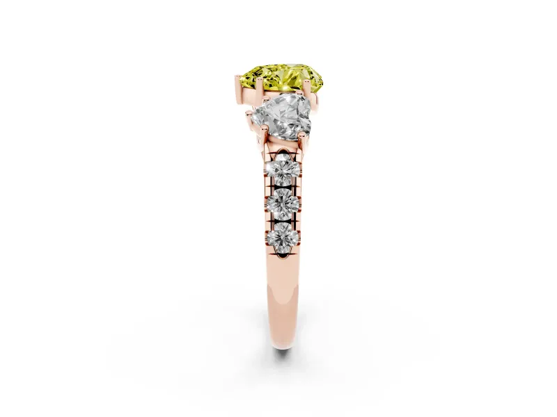 Heart-Shaped Three Stone Engagement Ring Setting for a Fancy Yellow Lab-Grown Diamond | Accented Shoulders | Rose Gold