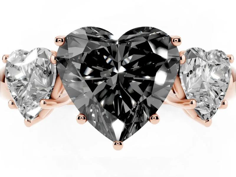 Fancy Black Heart Cut Diamond Three-Stone Ring Set in Rose gold with Bold Center and Classic Band
