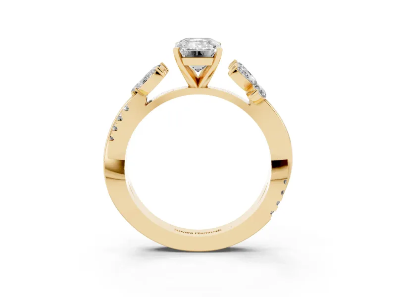 Emerald Cut Diamond Floral Vine Solitaire Engagement Ring Set in Yellow gold with Marquise Leaves