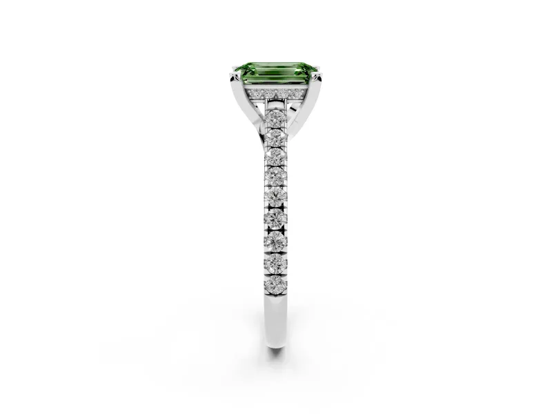 Emerald Cut Hidden Halo Pave Engagement Ring Setting for a Fancy Green Lab-Grown Diamond | Claw Prongs | Sterling Silver