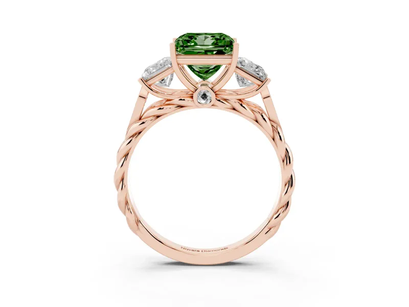 Fancy Green Princess Cut Diamond Three-Stone Ring Set in Rose gold with Braided Band