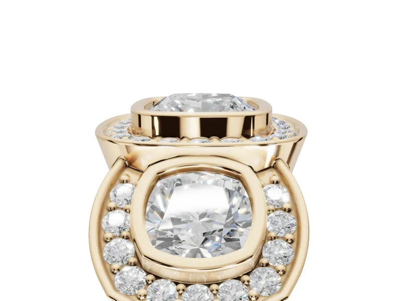 Cushion Cut Three Stone Halo Engagement Ring Setting | Bezel Set | Yellow Gold