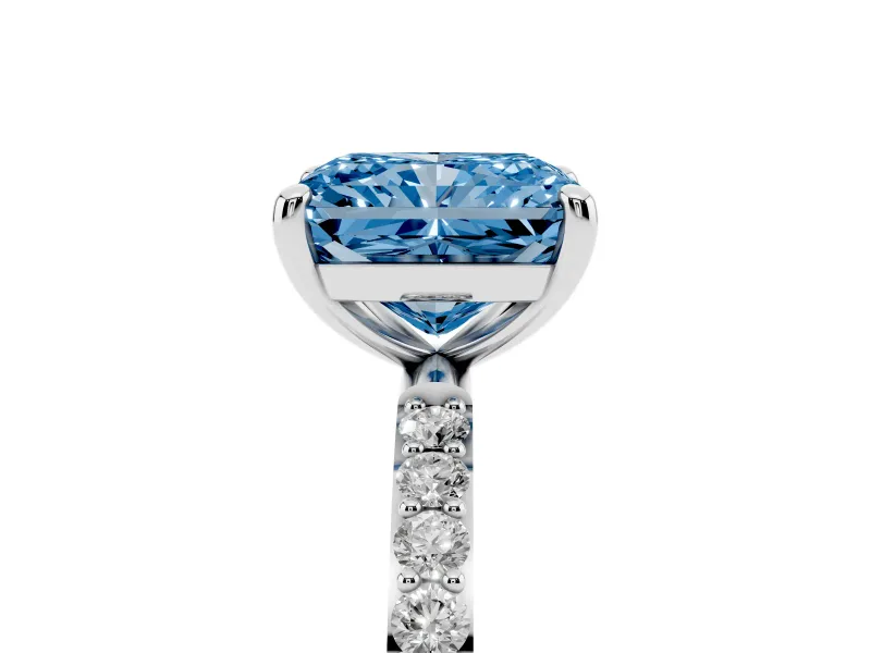 Fancy Blue Radiant Cut Diamond Solitaire Ring Set in Silver with Round Pavé Band and Prong Setting