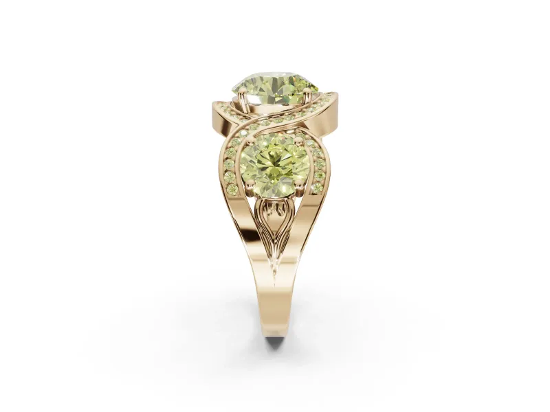 Round Three Stone Halo Engagement Ring Setting for a Fancy Yellow Lab-Grown Diamond | Pavé Wave Band | Yellow Gold