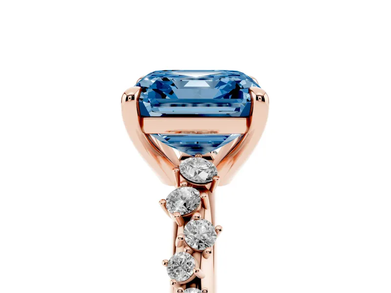 Fancy Blue Asscher Cut Diamond Solitaire Vine Band Ring Set in Rose gold with Round Accents and Prong Setting