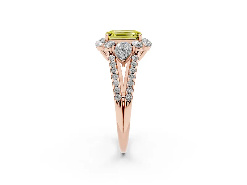 Fancy Yellow Emerald Cut Diamond Halo Split Shank Engagement Ring Set in Rose gold with Prong-Held Center Stone