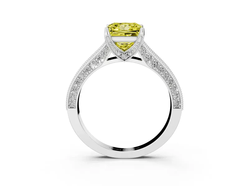 Princess Cut Hidden Halo Engagement Ring Setting for a Fancy Yellow Lab-Grown Diamond | Milgrain Pave | Platinum
