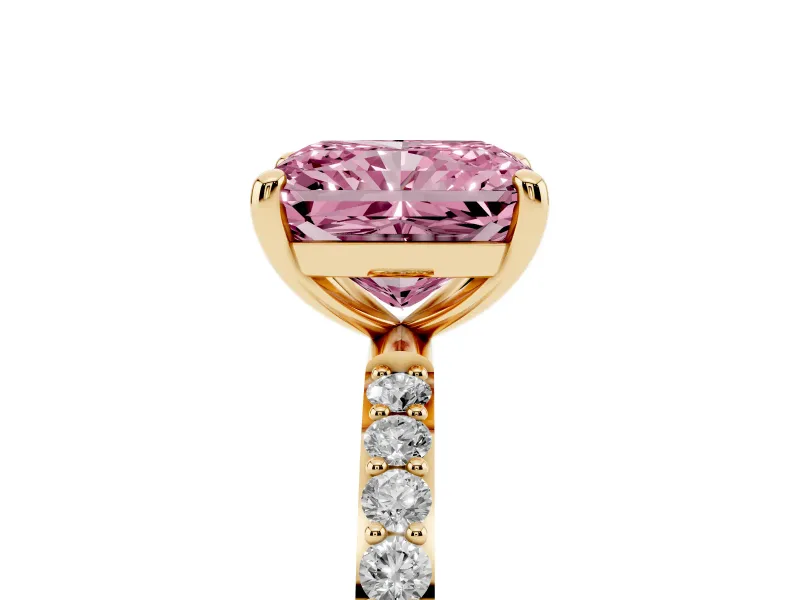 Fancy Pink Radiant Cut Diamond Solitaire Ring Set in Yellow gold with Round Pavé Band and Prong Setting