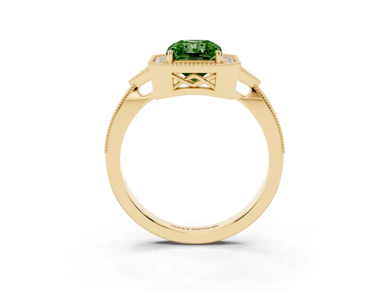 Fancy Green Radiant Cut Diamond Halo Engagement Ring Set in Yellow gold with Milgrain Pavé Band