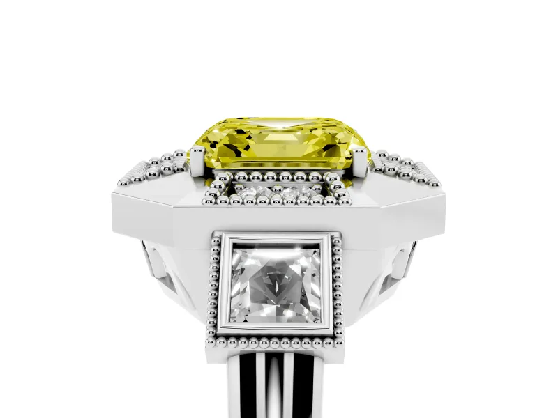 Fancy Yellow Asscher Cut Diamond Milgrain Halo Ring Set in White gold with Split Shank