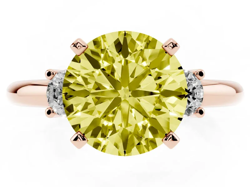 Fancy Yellow Three-Stone Round Cut Diamond Ring Set in Rose gold with Prong Setting and Plain Band