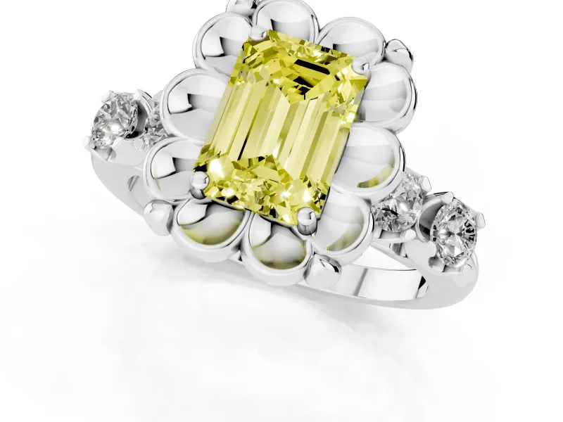 Emerald Cut Floral Engagement Ring Setting for a Fancy Yellow Lab-Grown Diamond | Petal Frame and Side Stones | Platinum