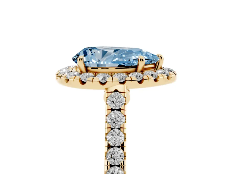 Pear-Shaped Halo Engagement Ring Setting for a Fancy Blue Lab-Grown Diamond | Pave Shoulders | Yellow Gold